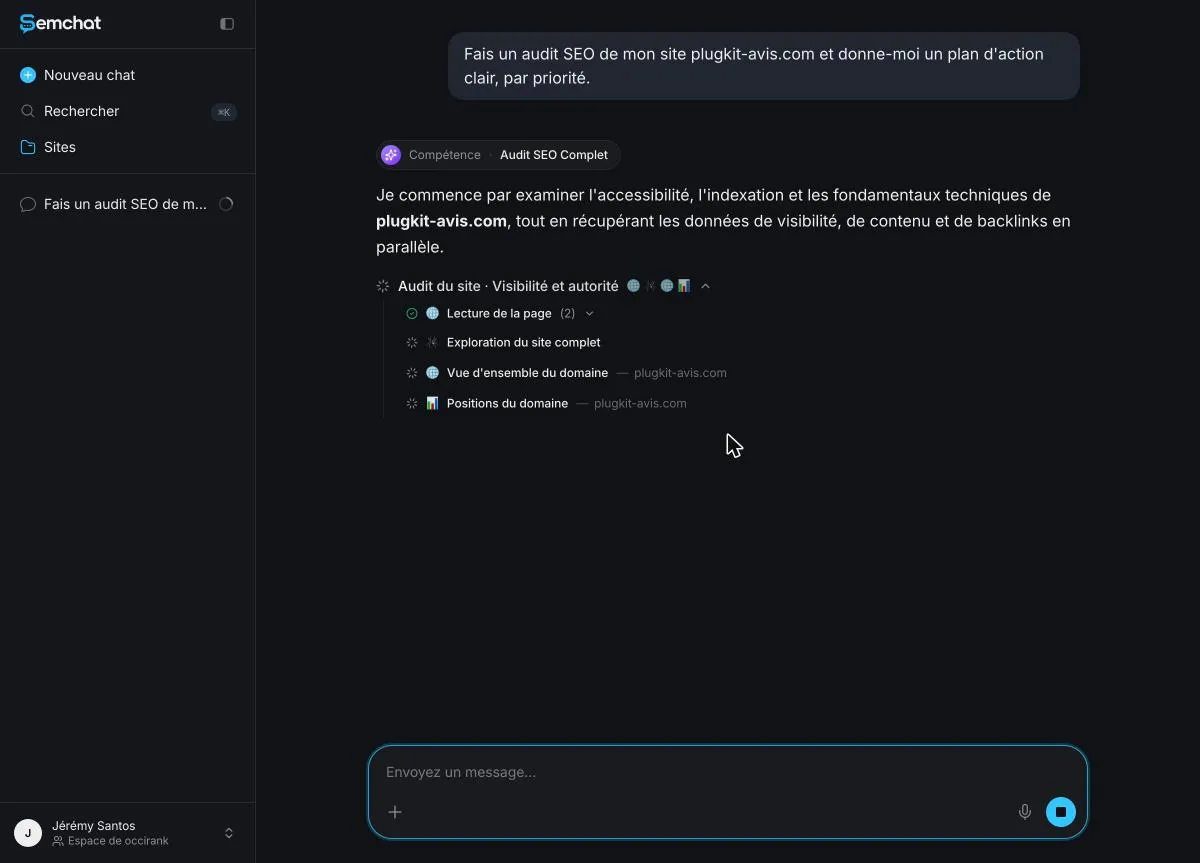 SemChat chat with the audit request typed in French and the skill it picked