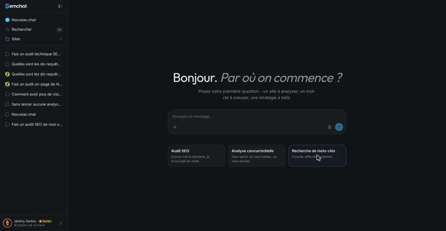 SemChat home screen with a keyword research shortcut card ready to click