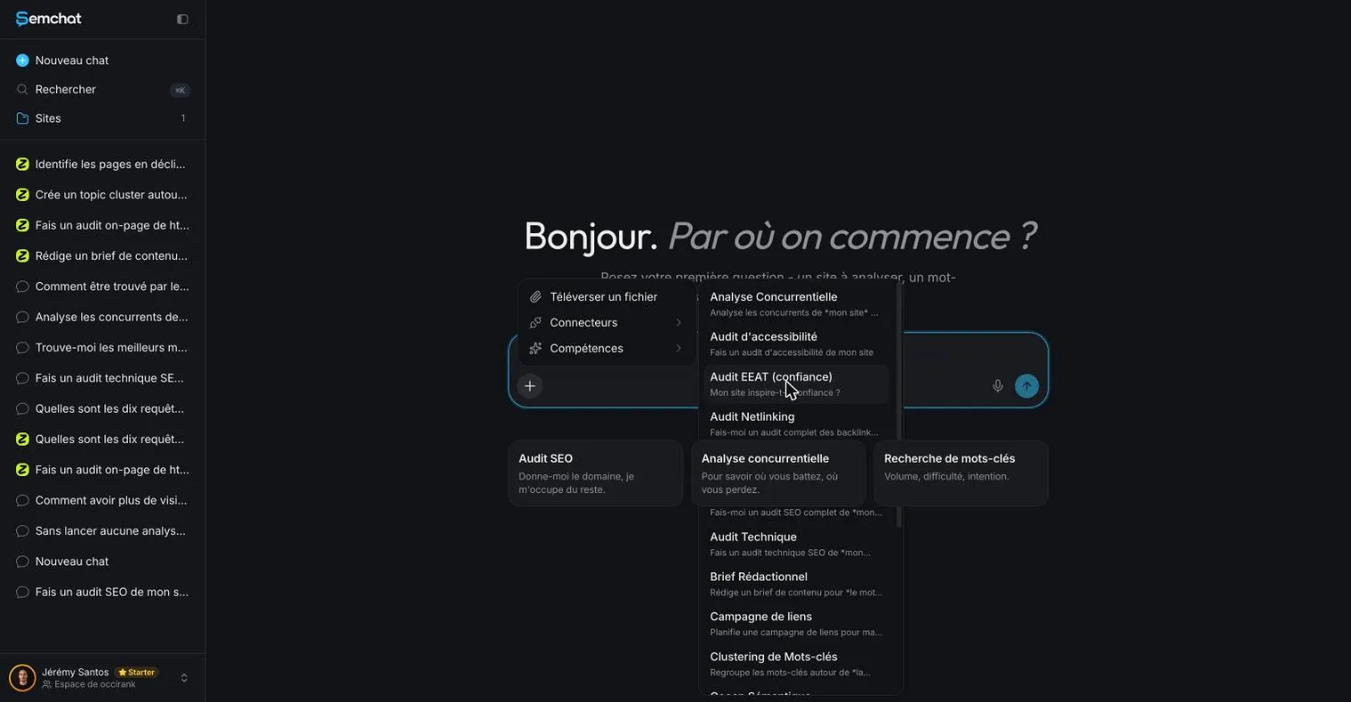 EEAT checker tool: the EEAT Audit (trust) skill in SemChat's skills menu