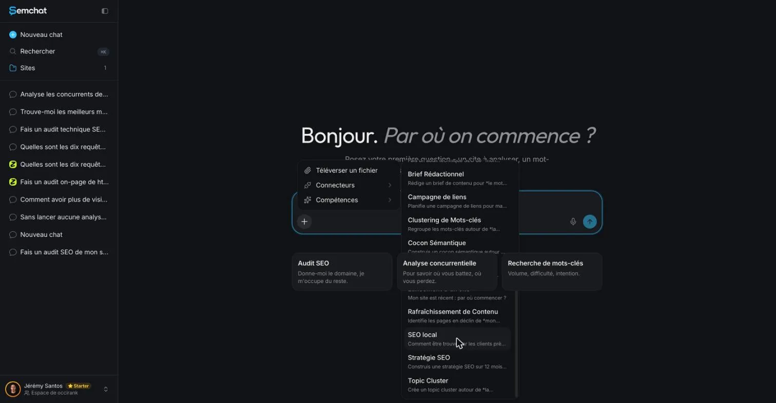 SemChat Skills menu open on the Local SEO skill, below the message box