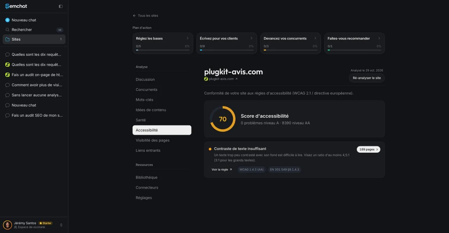 SemChat Accessibility tab listing a text contrast issue found across the site's pages
