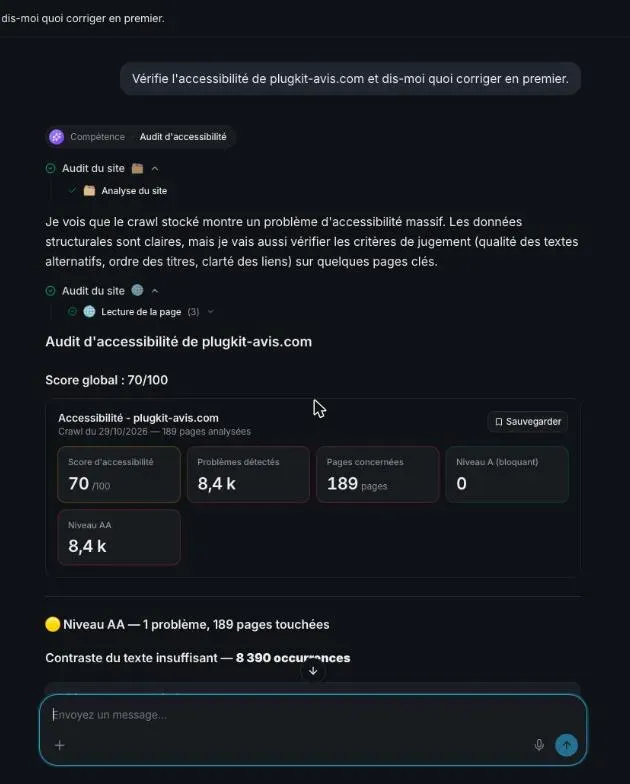 SemChat accessibility audit: sentence typed, skill picked, tools run and a score of 70