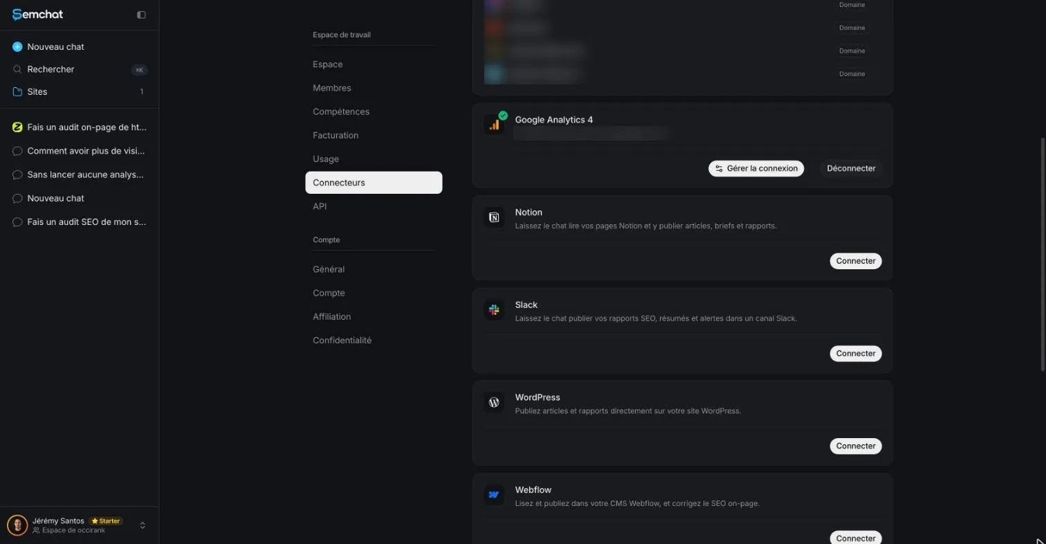 SemChat connectors page with the WordPress and Webflow connectors not yet connected