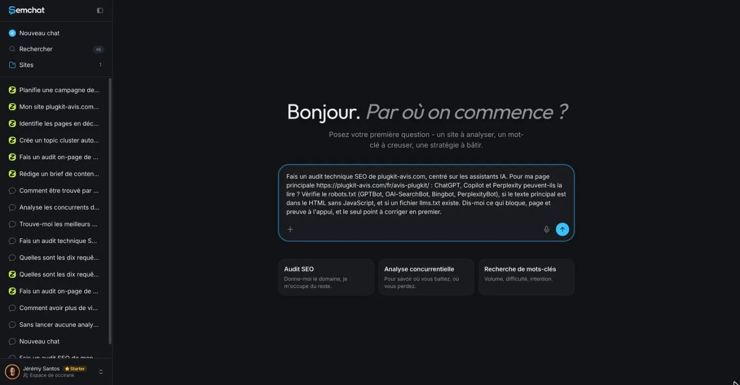Demande tapée dans SemChat pour vérifier si les assistants IA peuvent lire une page