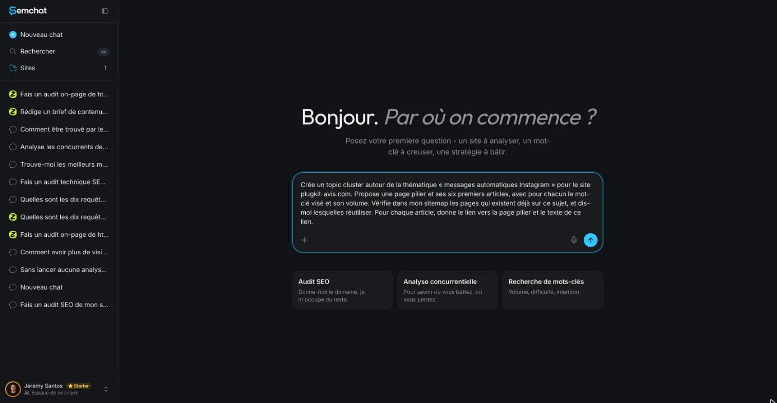 SemChat message box with a topic cluster request that asks it to read the sitemap