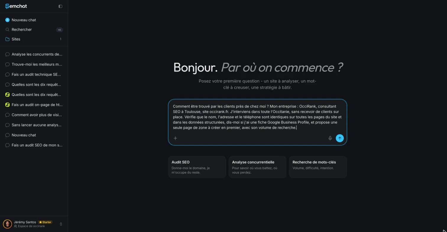 SemChat message field filled with a local SEO diagnosis request, in French