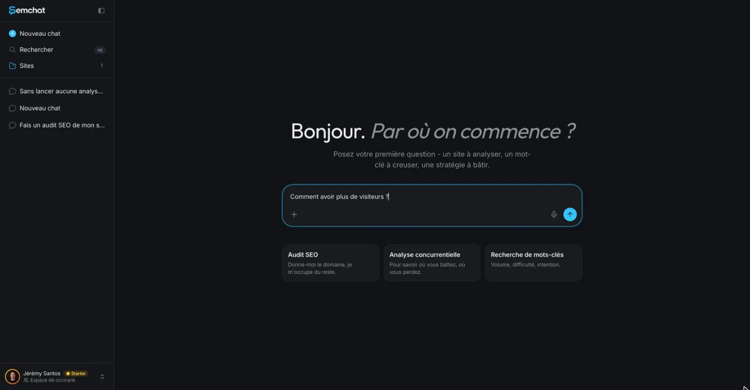 SemChat home screen with the question how do I get more visitors typed in French