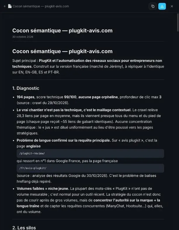 Semantic cocoon document written by SemChat, open in the right-hand panel