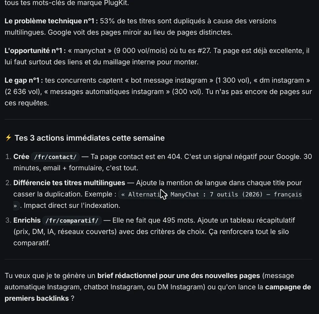 SemChat audit summary with the main problem, the top opportunity and three actions for the week