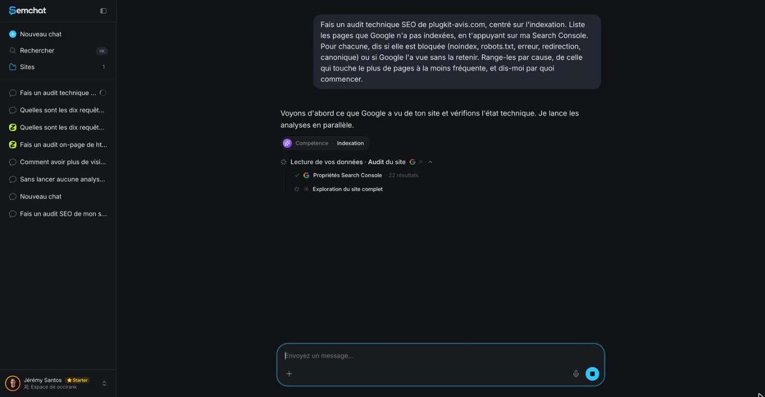 SemChat conversation switching to its indexing skill during a technical audit