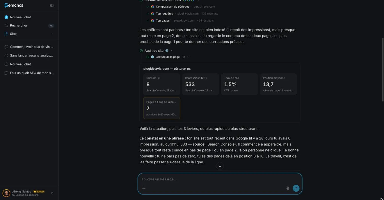 SemChat card with the site's clicks, impressions and average position from Search Console