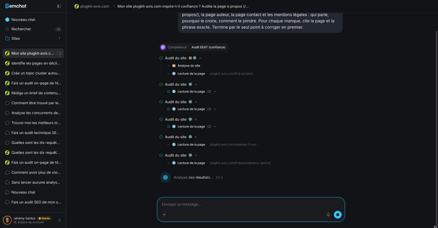 Steps of SemChat's EEAT audit: site analysis, then reading the about and author pages