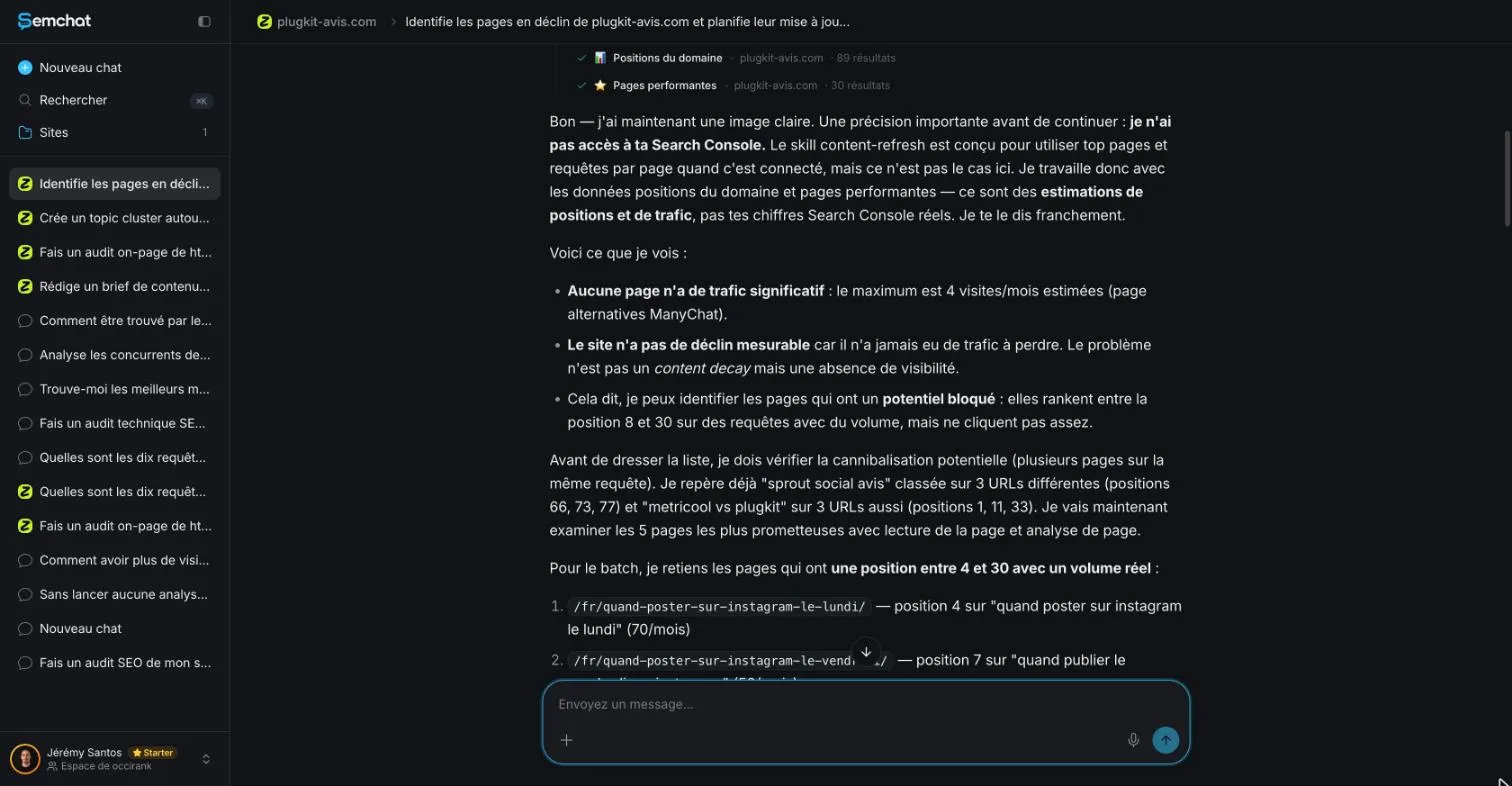 SemChat answer warning it cannot access Search Console and offering estimates instead