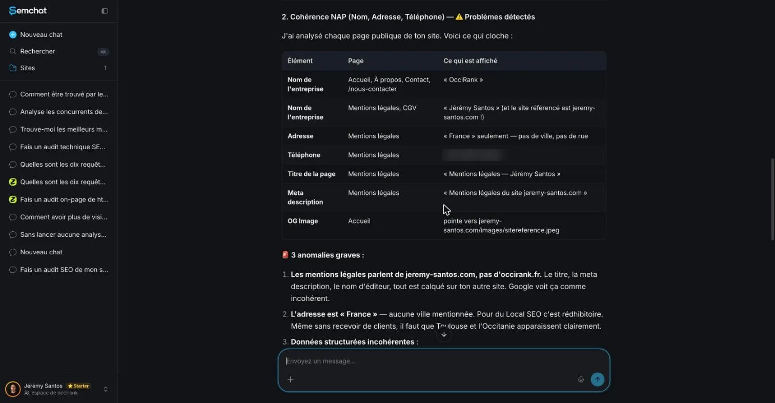 SemChat table comparing the business name, address and phone across a site's pages