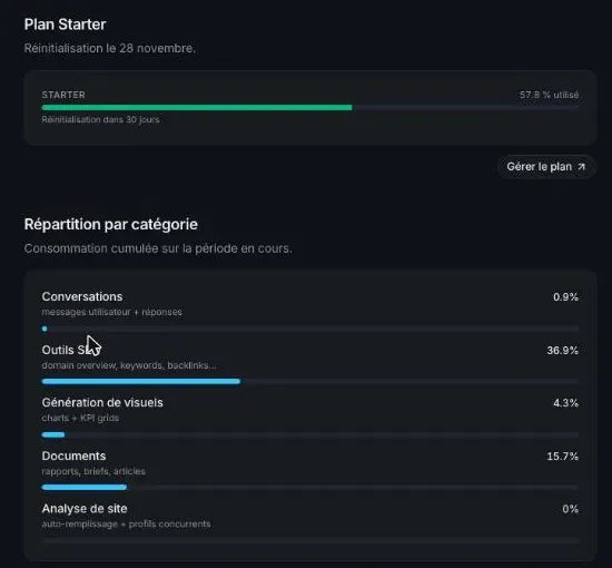 SemChat Usage tab after the accessibility audit: Starter plan at 57.8% used
