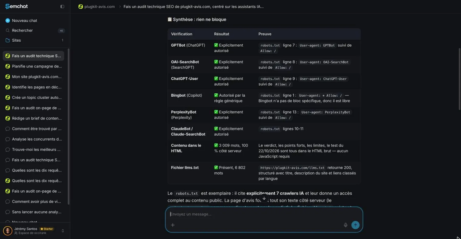 SemChat table checking each AI crawler's access in a robots.txt file
