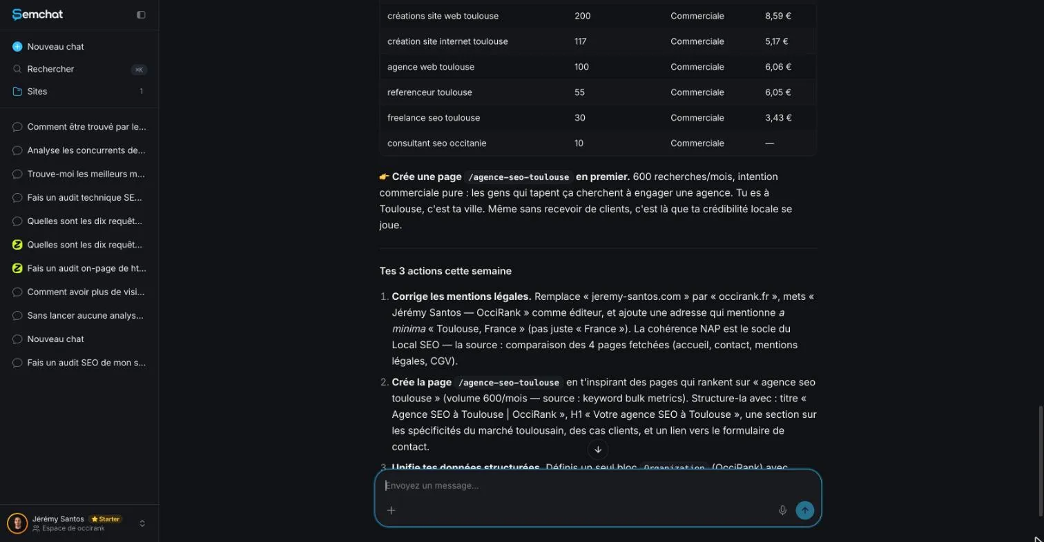 SemChat answer suggesting a Toulouse area page and three actions for the week