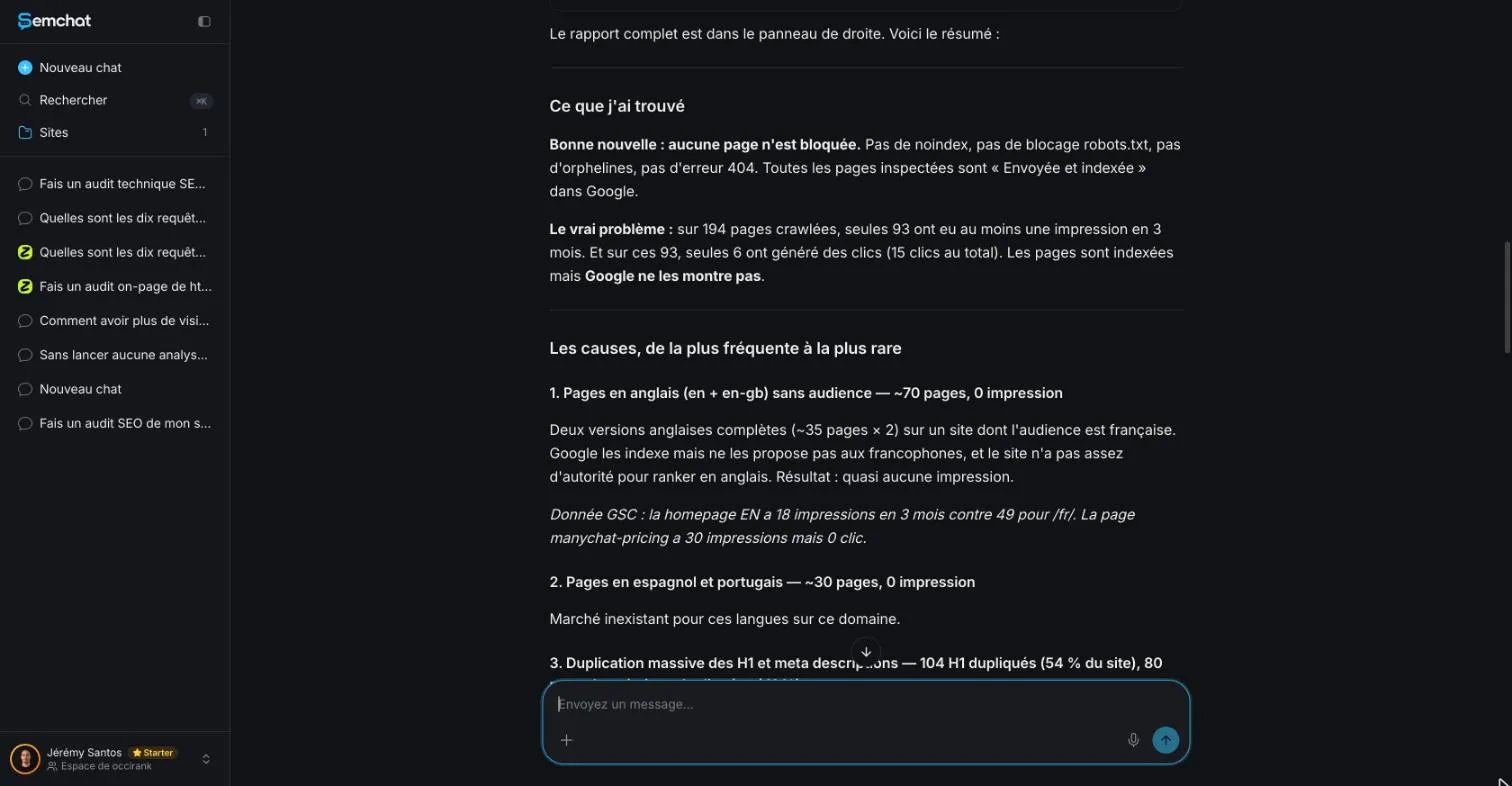 SemChat's first indexing diagnosis, ranking the causes of pages with few impressions