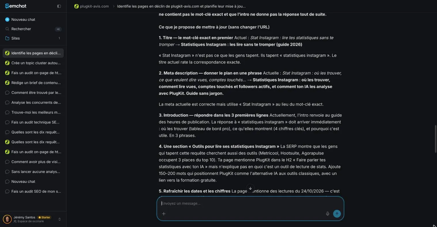 SemChat suggestions to update a page's headline, meta description and introduction