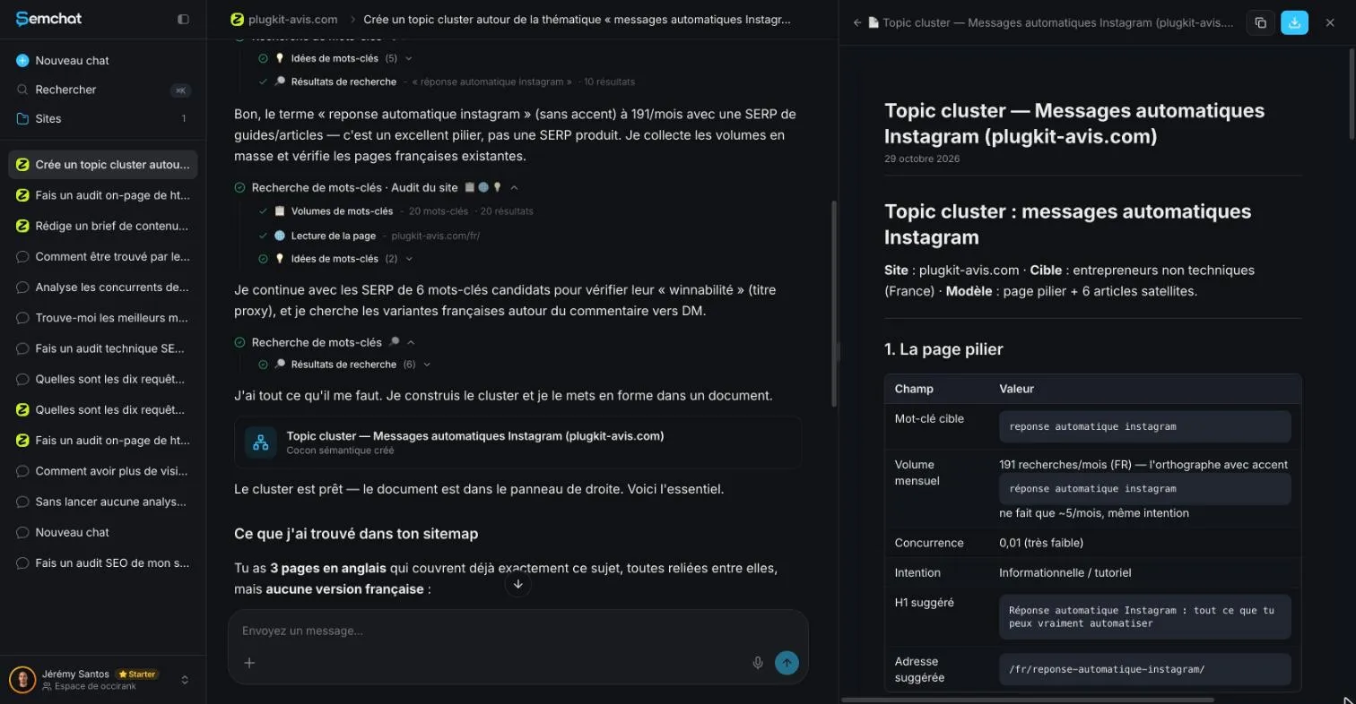 SemChat document holding a topic cluster plan with a pillar page and its topics