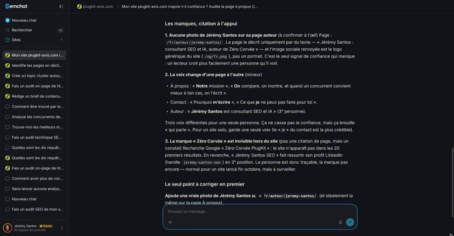SemChat EEAT audit listing trust gaps, the first claiming the author page lacks a photo