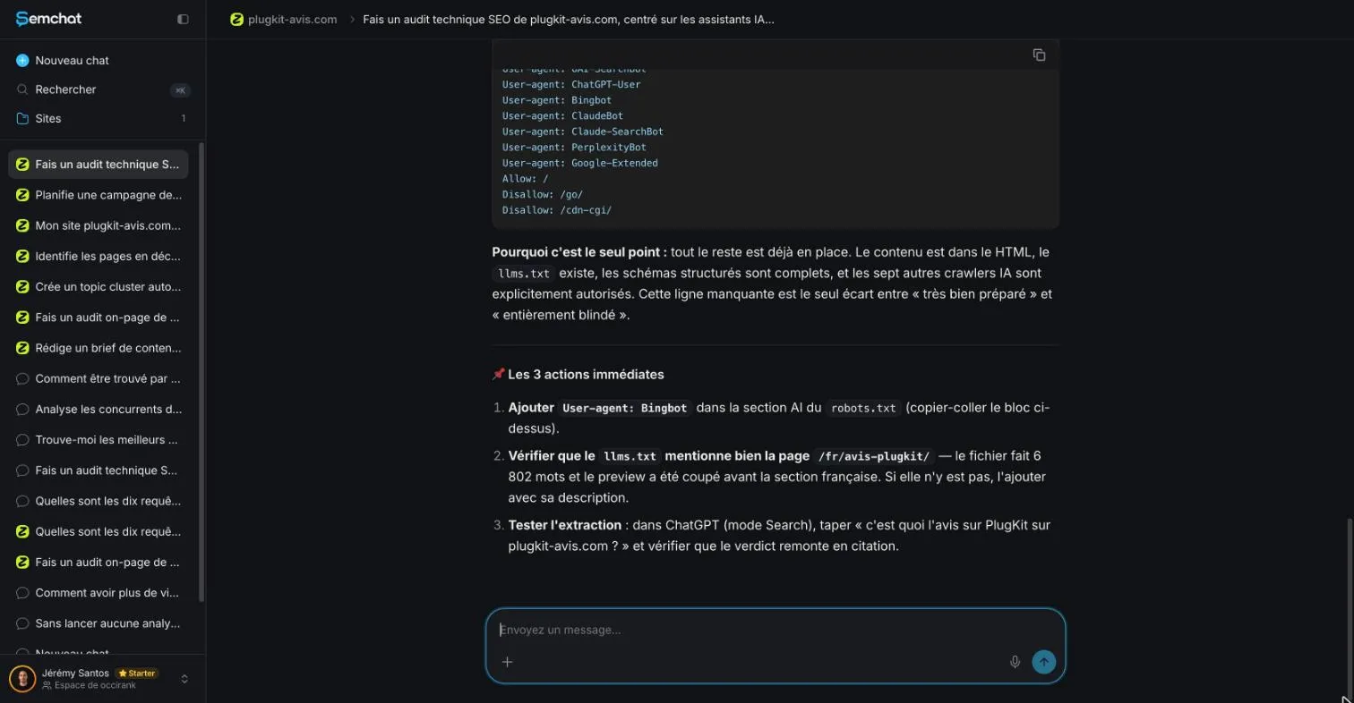 SemChat answer listing three actions, the last one a citation test in ChatGPT search