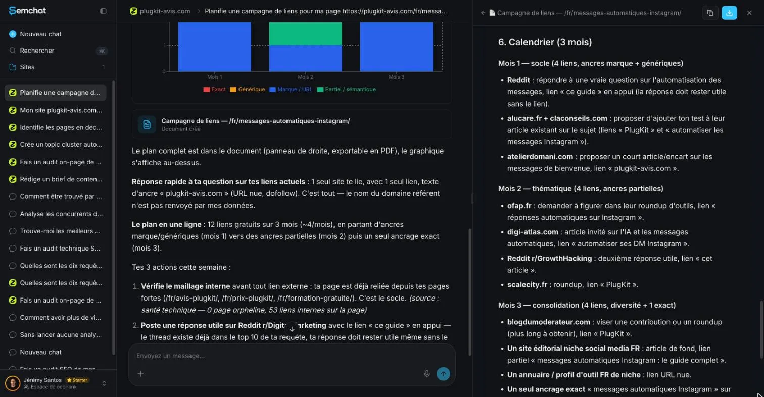 Document de campagne de liens de SemChat avec un calendrier de trois mois