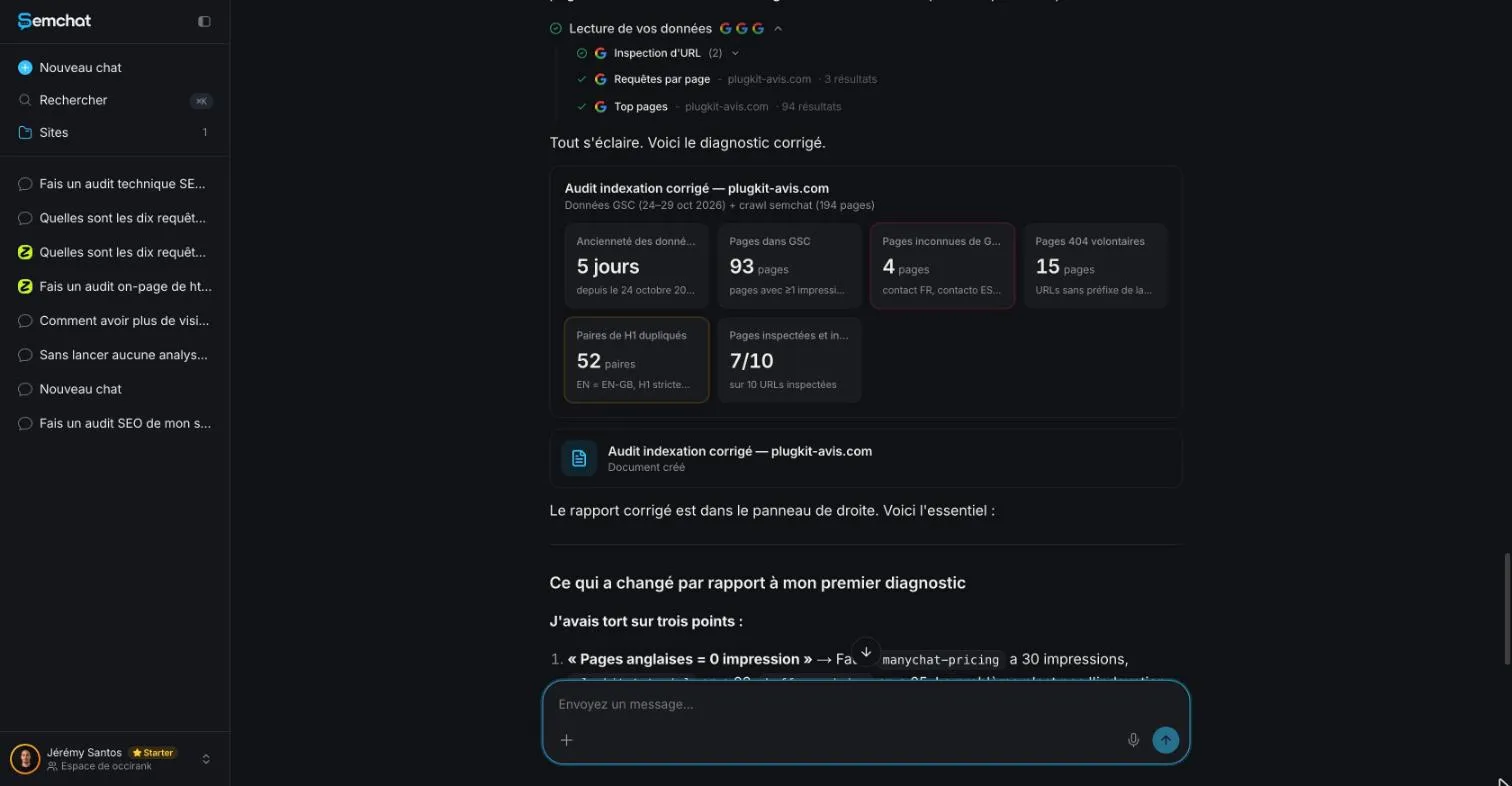 SemChat corrected indexing audit cards showing pages with impressions and pages unknown to Google