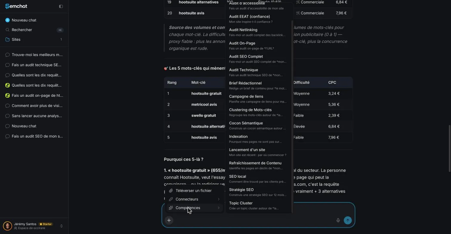 SemChat skills menu open on the keyword clustering skill before typing a request
