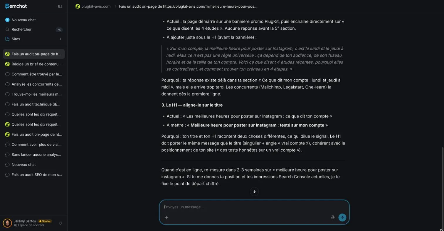 SemChat on-page audit pointing out a main heading that contradicts the page title tag