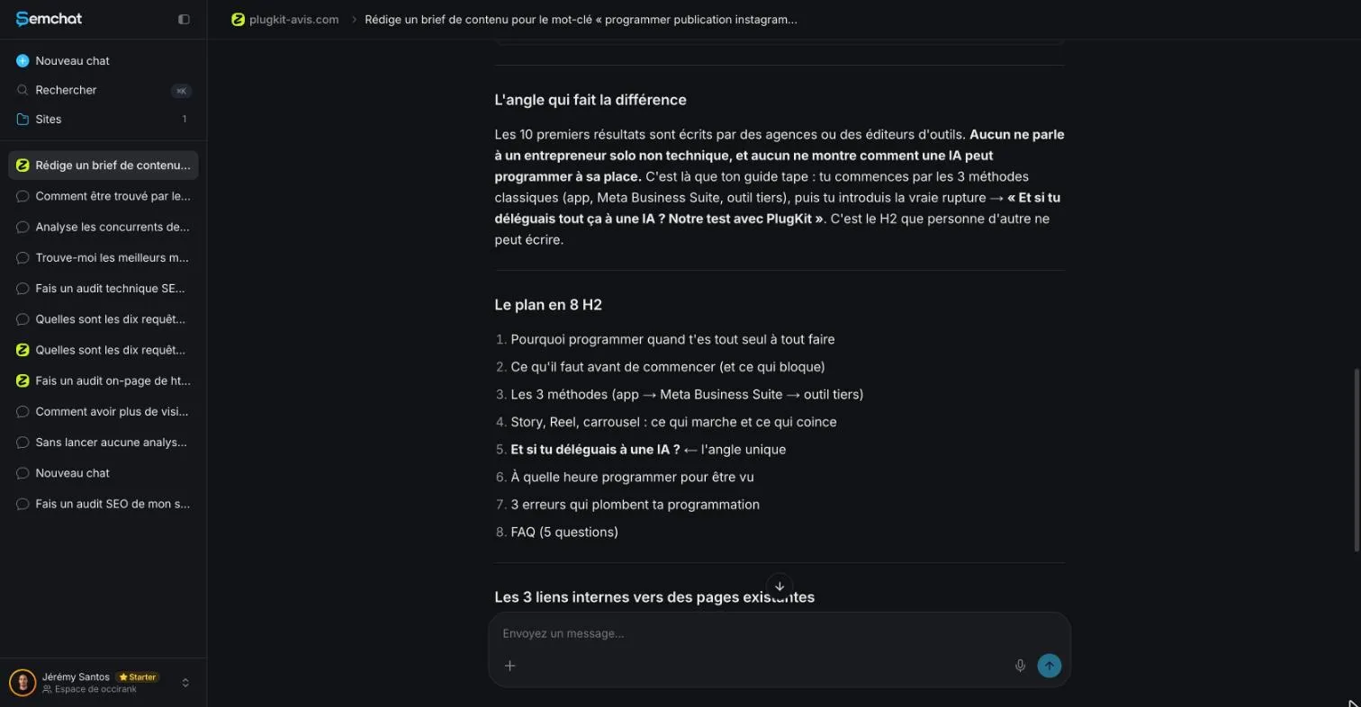 SemChat brief showing a section outline and the angle chosen for the page