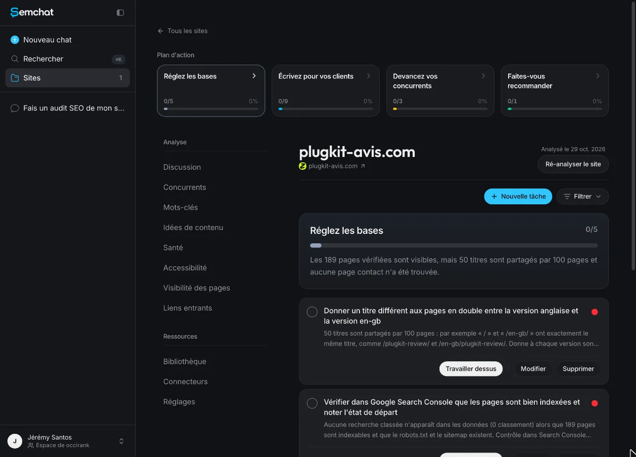 SemChat action plan saved in four stages on the audited site's page