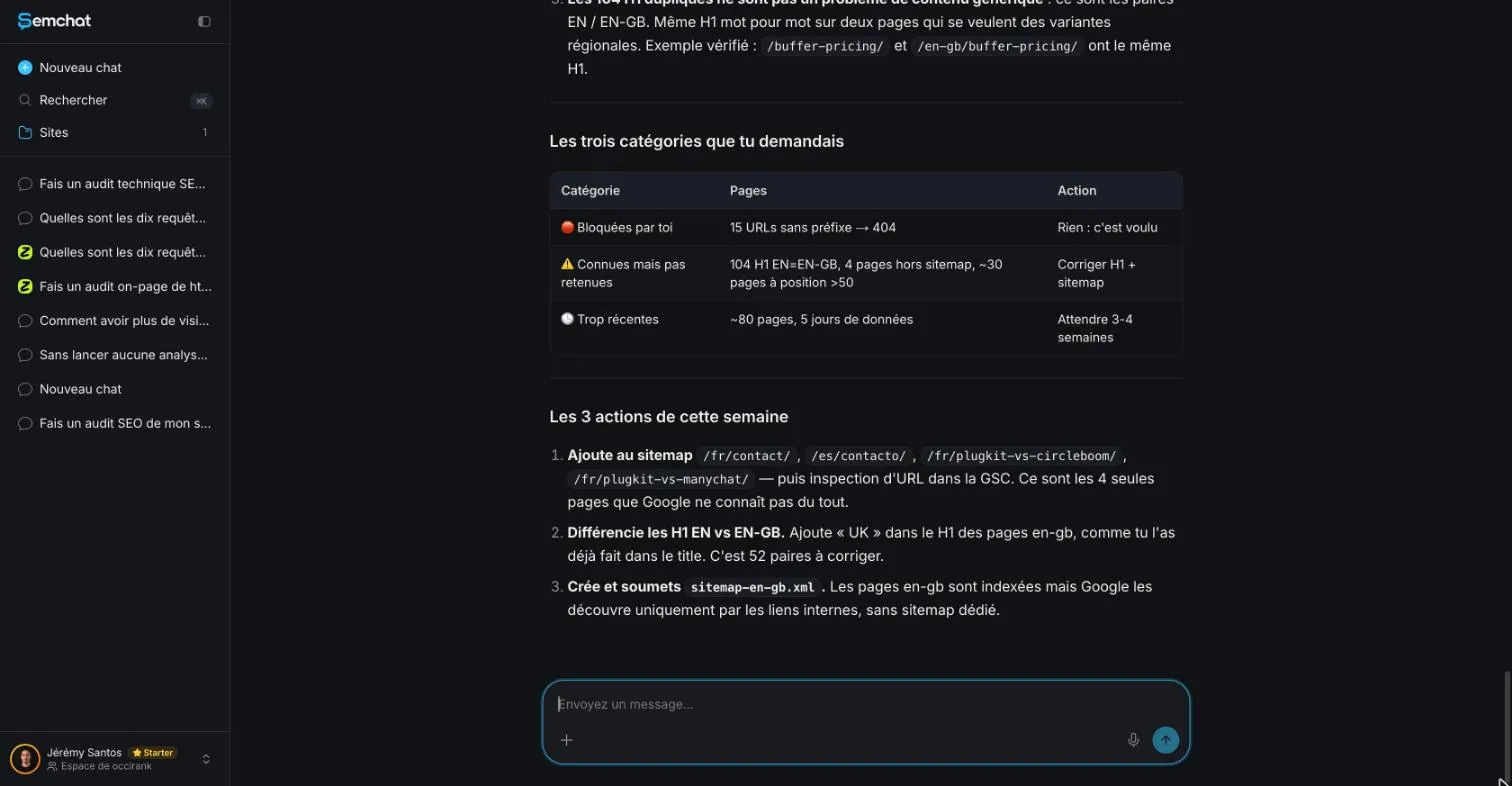 SemChat list of three weekly actions, including sitemap changes that proved wrong
