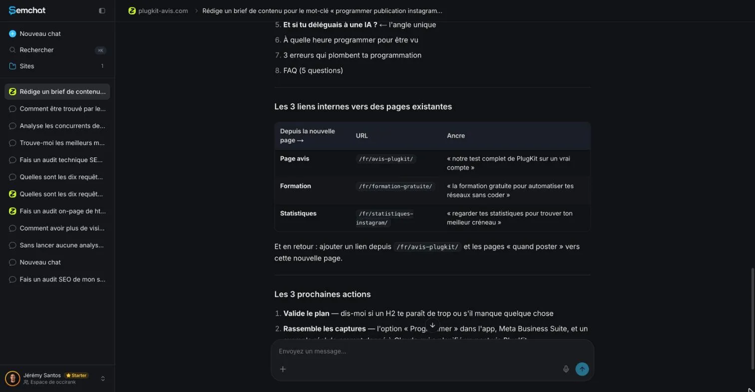 SemChat brief suggesting internal links whose anchor text is a long sentence