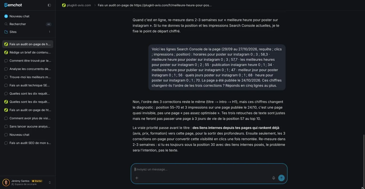 SemChat answer recommending internal links from pages already ranking on Google