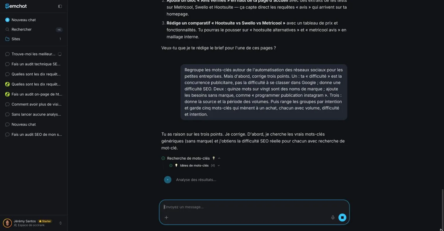 SemChat reply admitting three errors in its keyword research and starting over