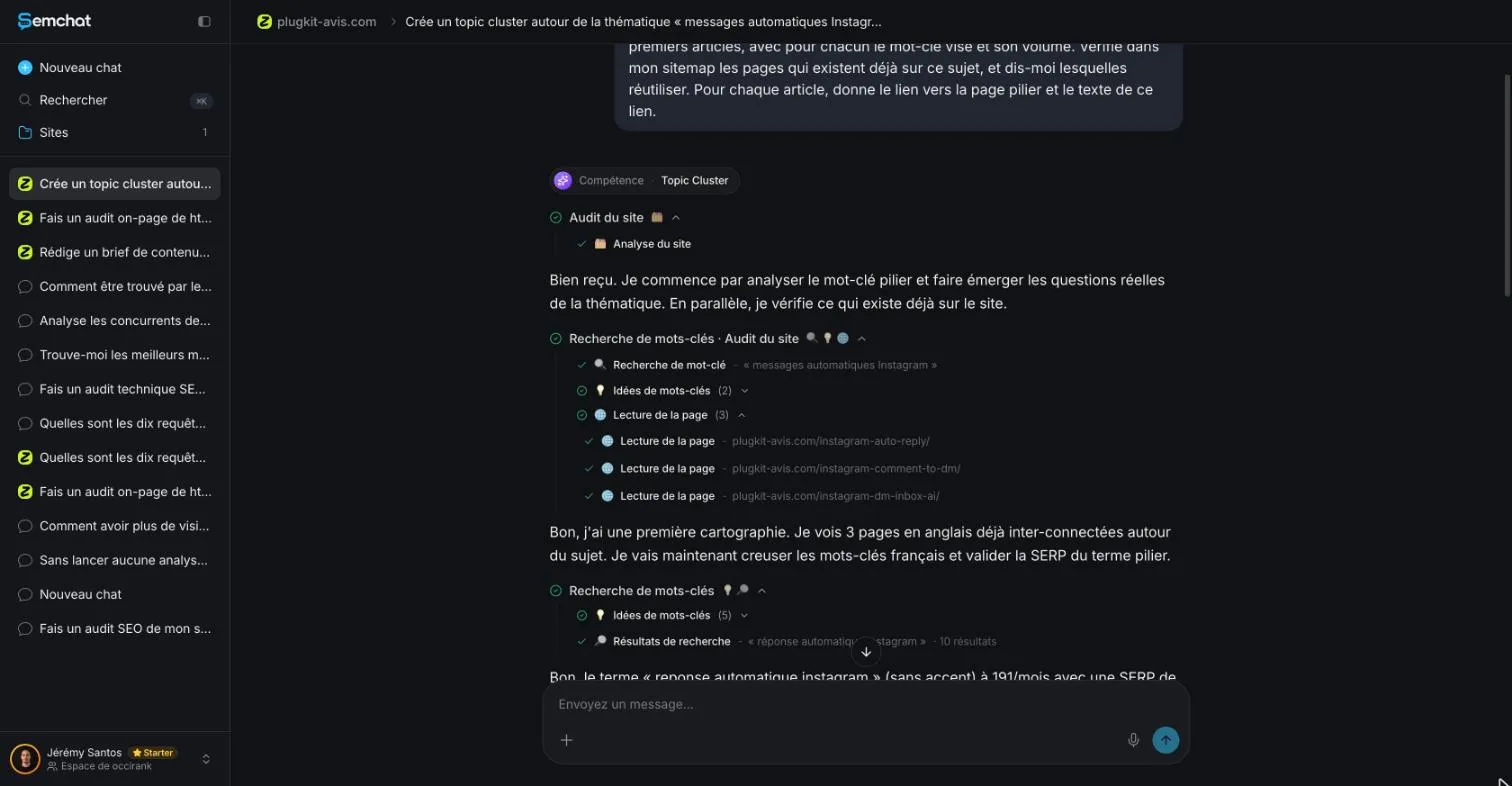 Tools run by SemChat, including a read of three English pages of the site