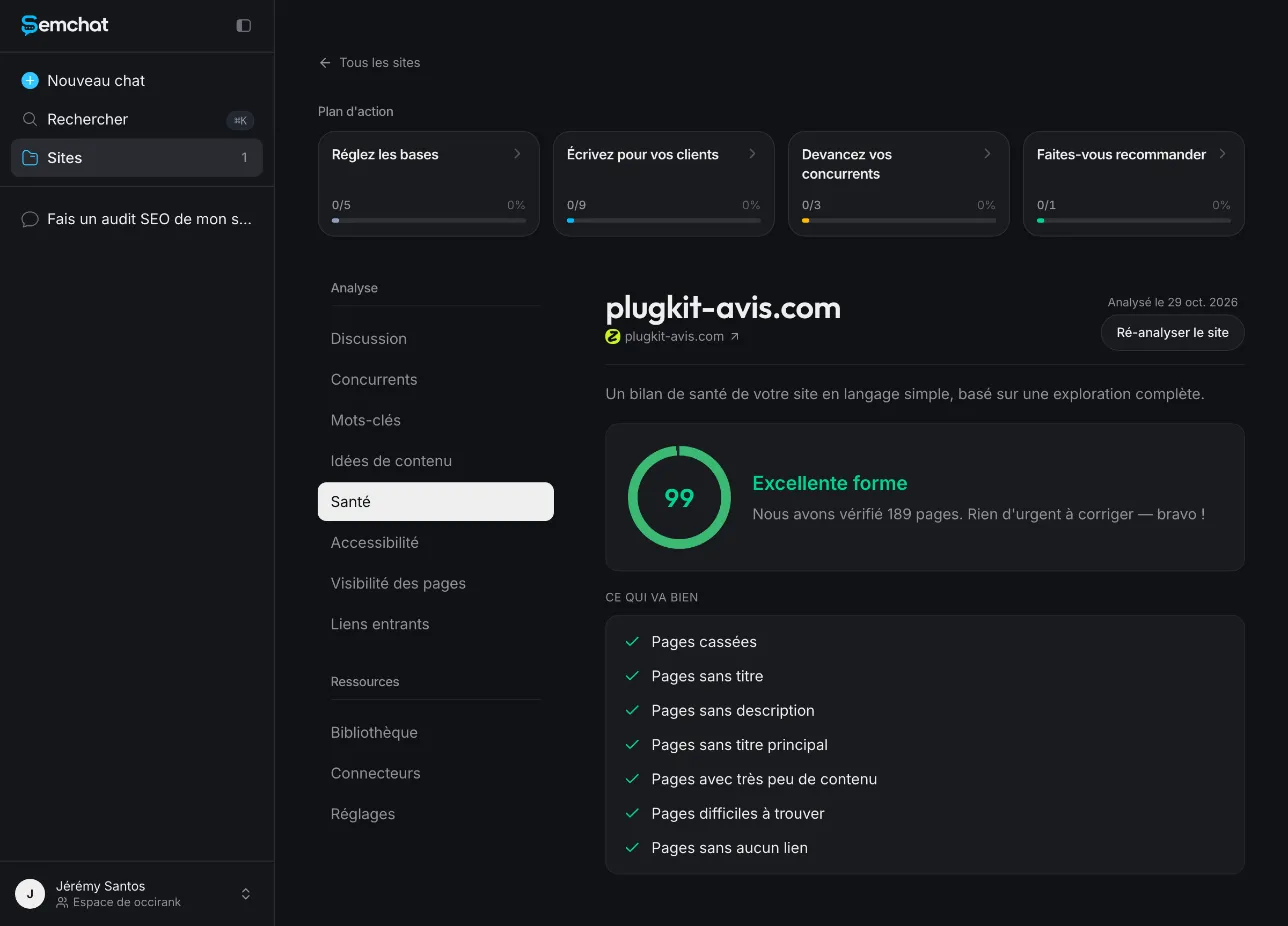 SemChat Health tab showing a near-perfect score for plugkit-avis.com with nothing urgent flagged