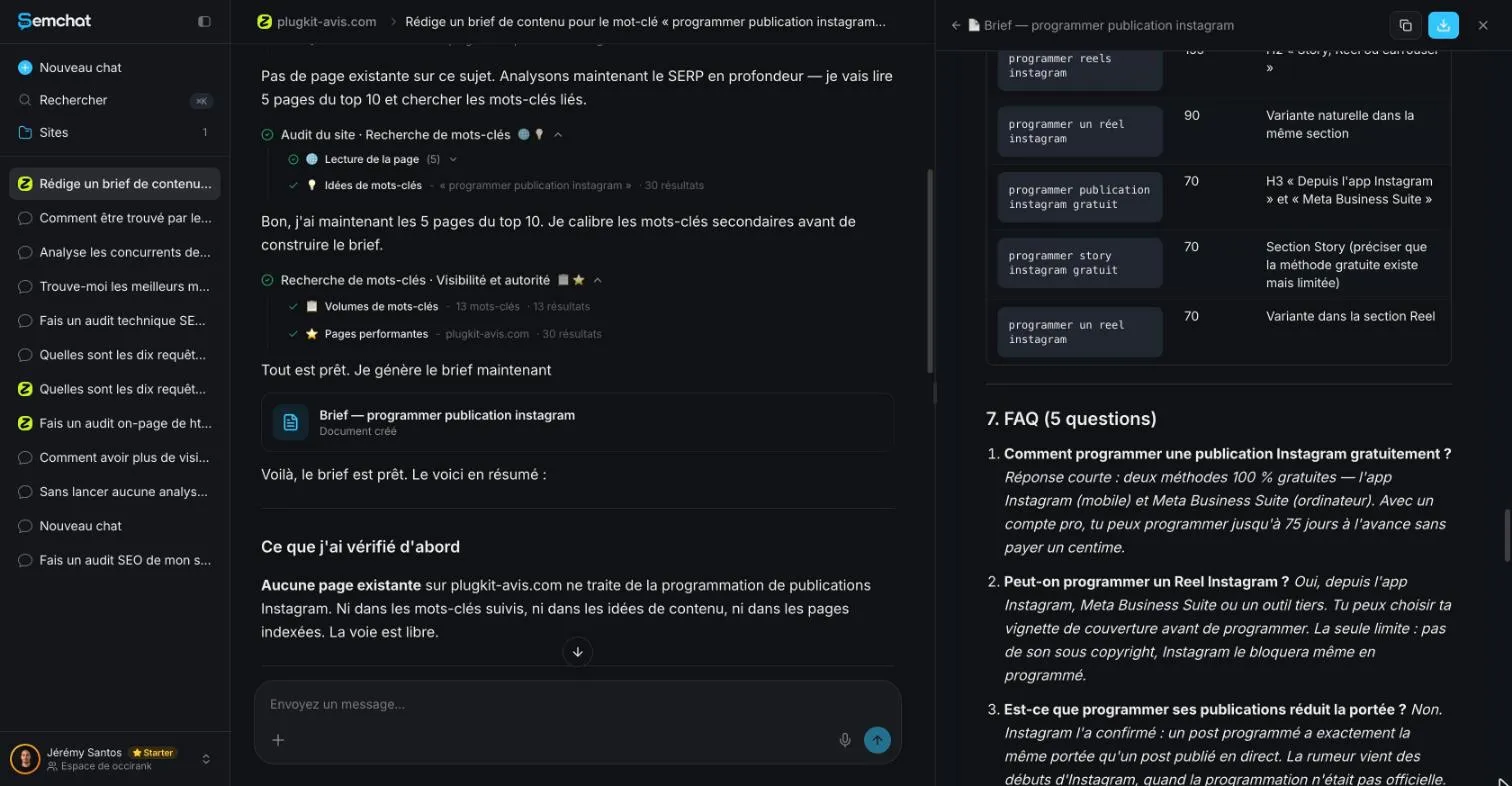 FAQ section of SemChat's brief, with an answer about reach that cites no source