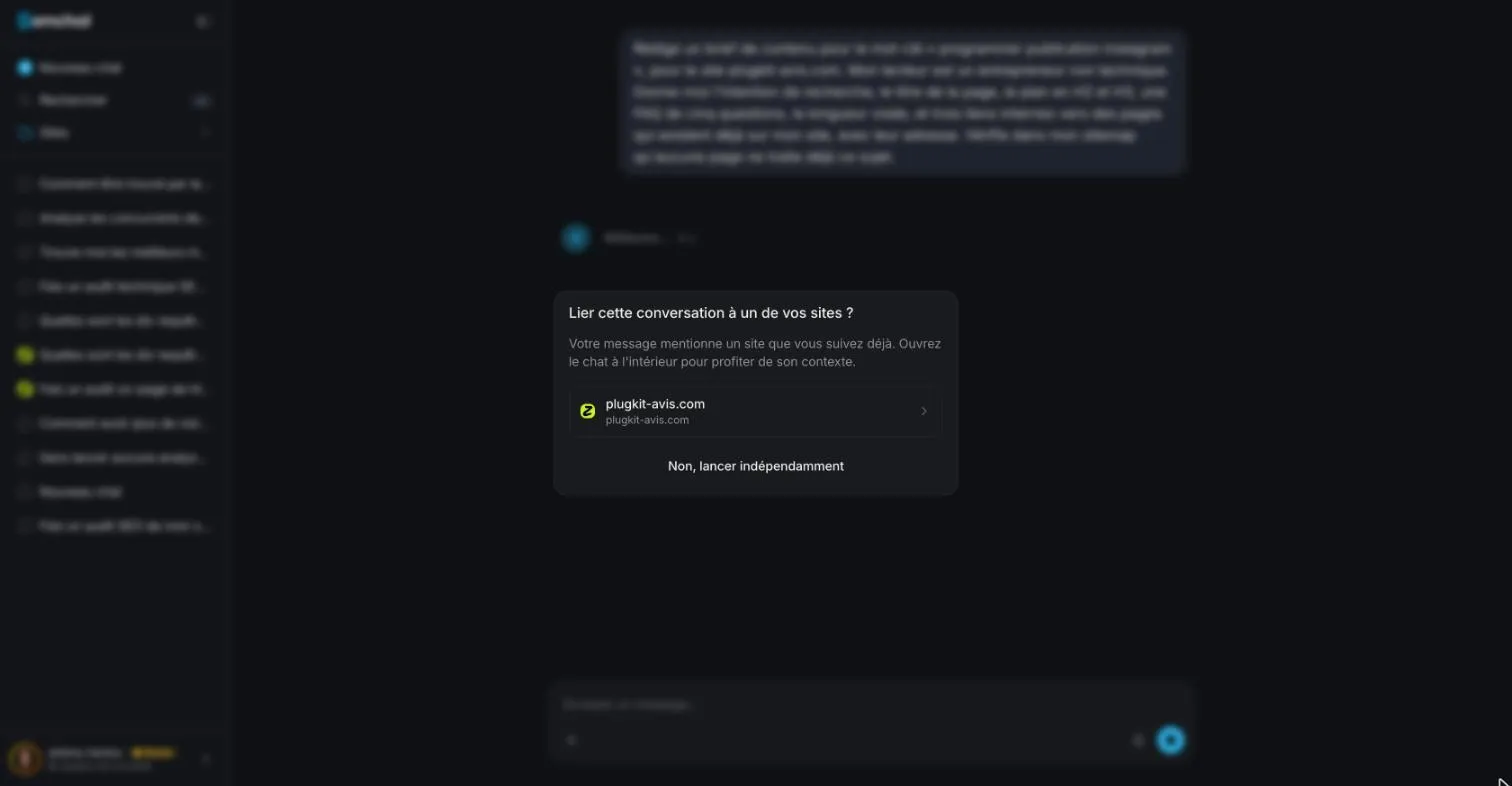 Brief SEO automatique : SemChat propose de lier la conversation au site plugkit-avis.com