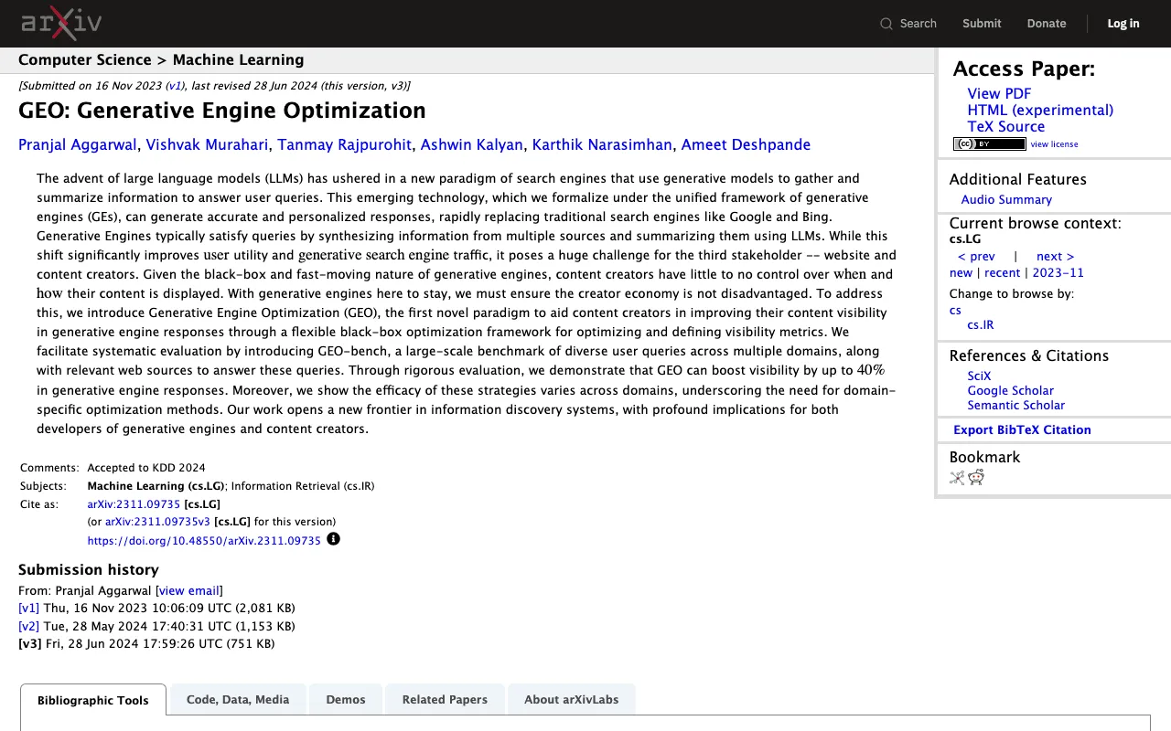 arXiv page of the research paper GEO: Generative Engine Optimization and its six authors