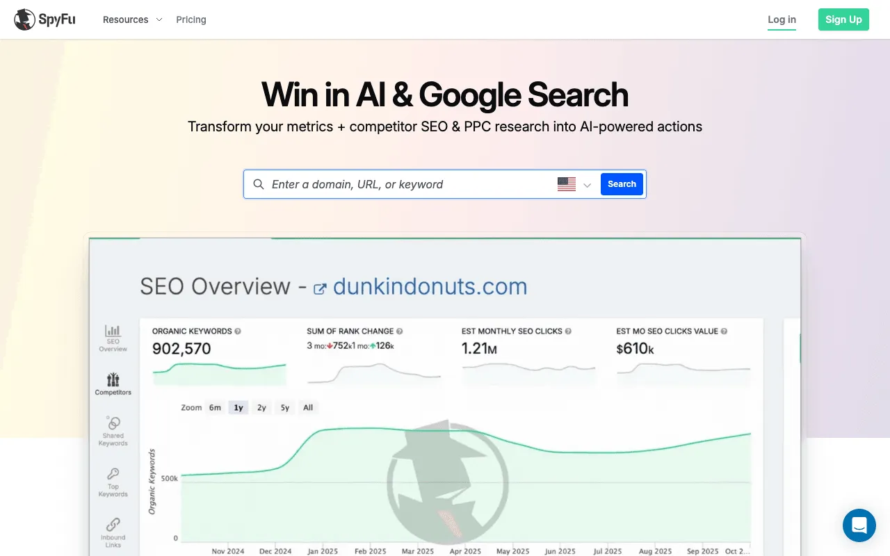 SpyFu home page, a competitor keyword research tool