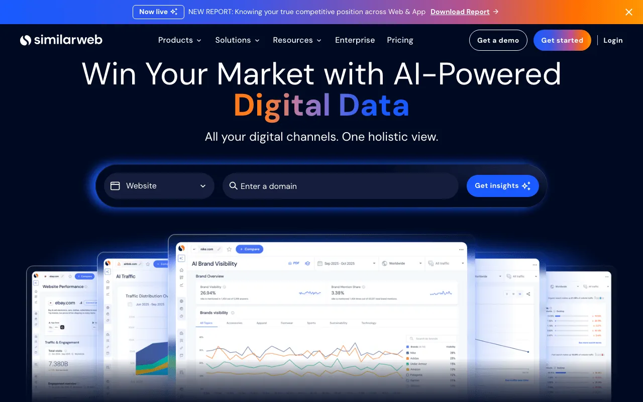 Similarweb public home page presenting its digital data intelligence platform and traffic checker
