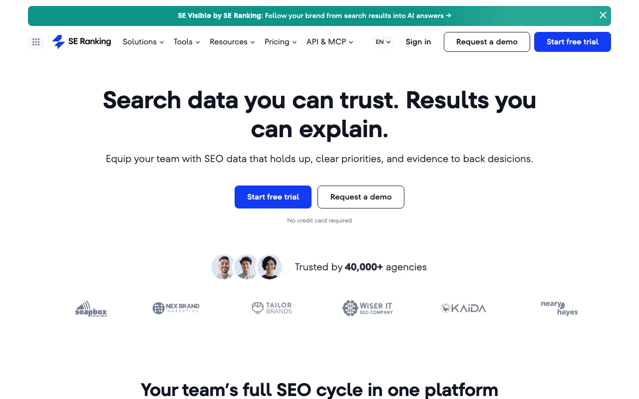 SE Ranking vs SemChat: the SE Ranking home page presenting its SEO platform for teams and agencies