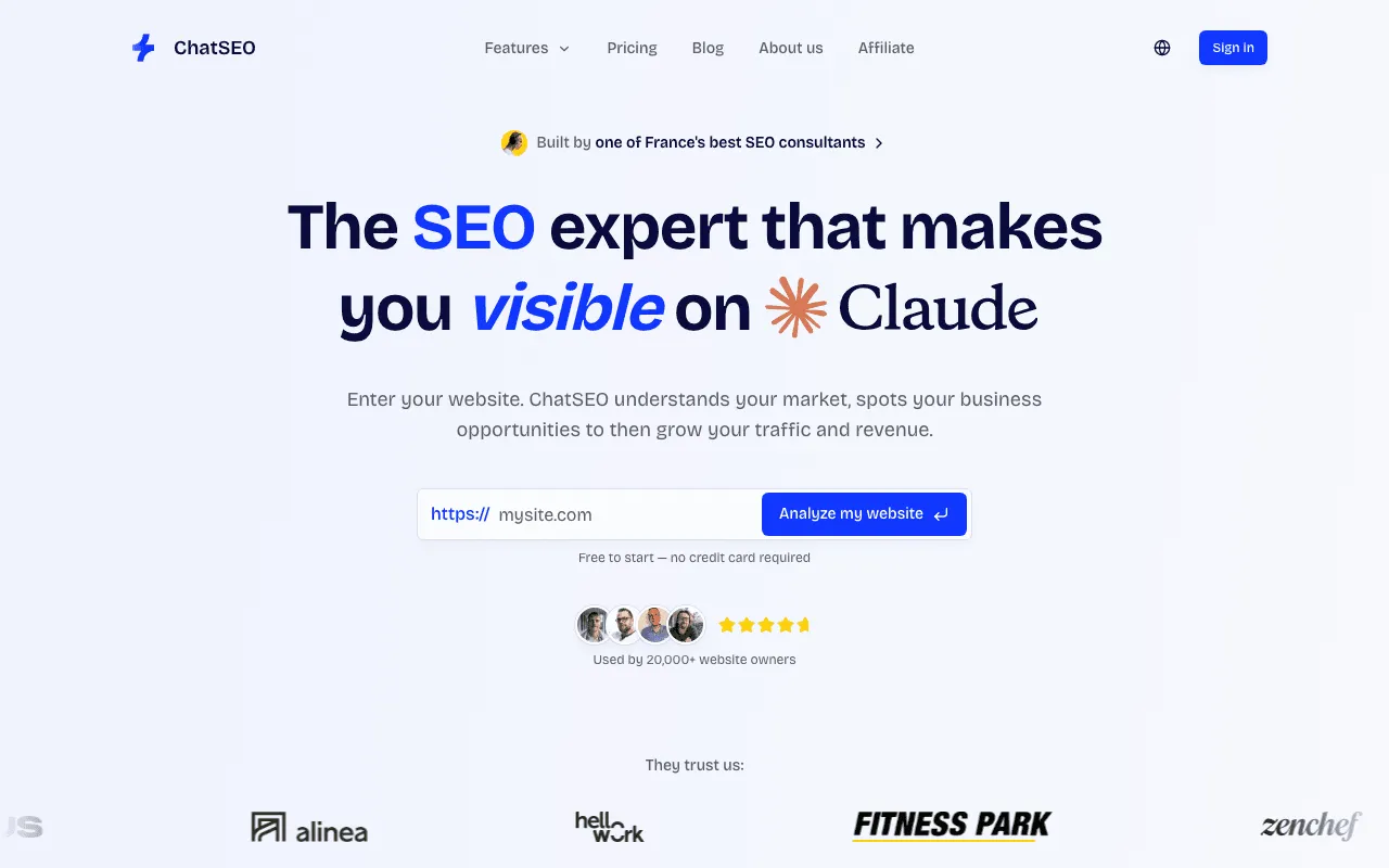 ChatSEO home page presenting its conversational assistant for SEO