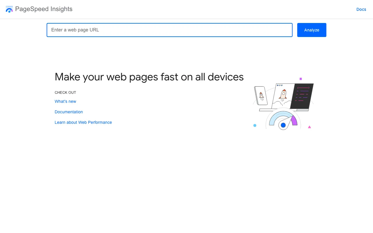 PageSpeed Insights home page with a field to enter the address of a web page