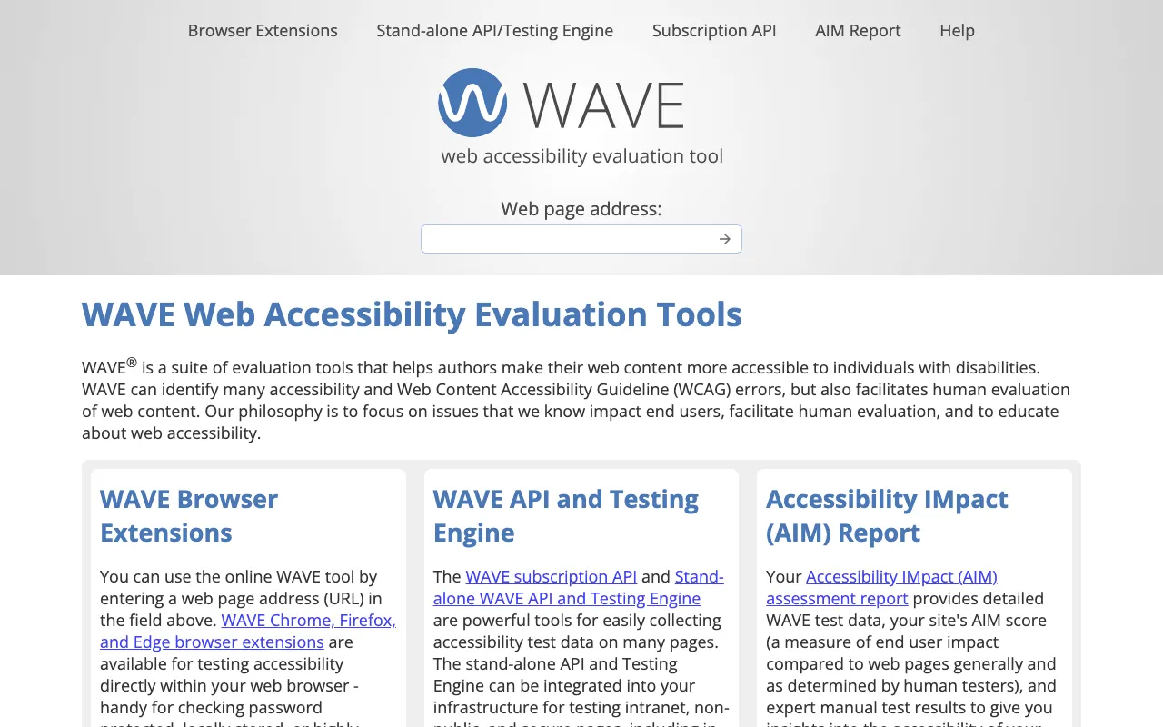 WAVE home page with a field to enter the address of the page to evaluate