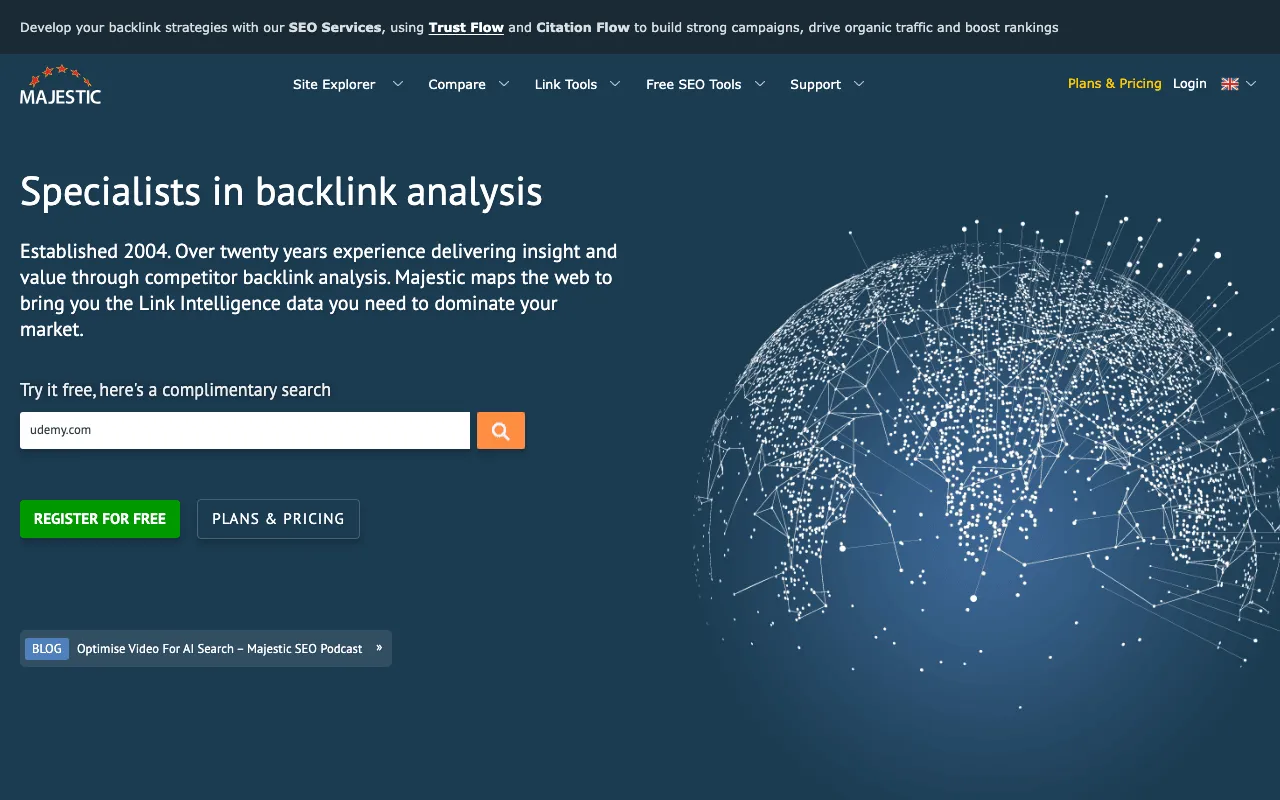 Public home page of Majestic, a backlink analysis tool known for Trust Flow