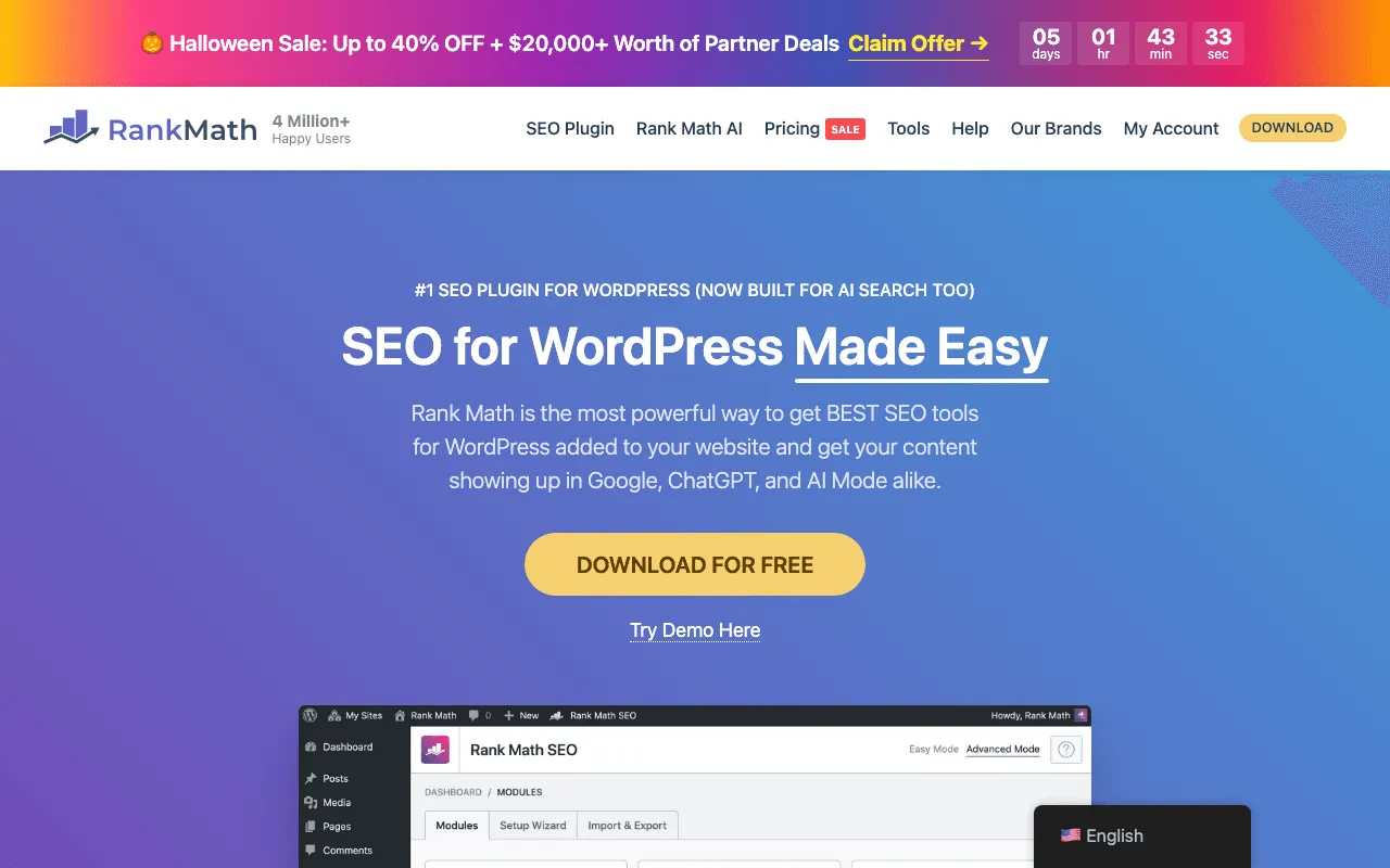 Page d'accueil publique de Rank Math, extension SEO gratuite et payante pour WordPress