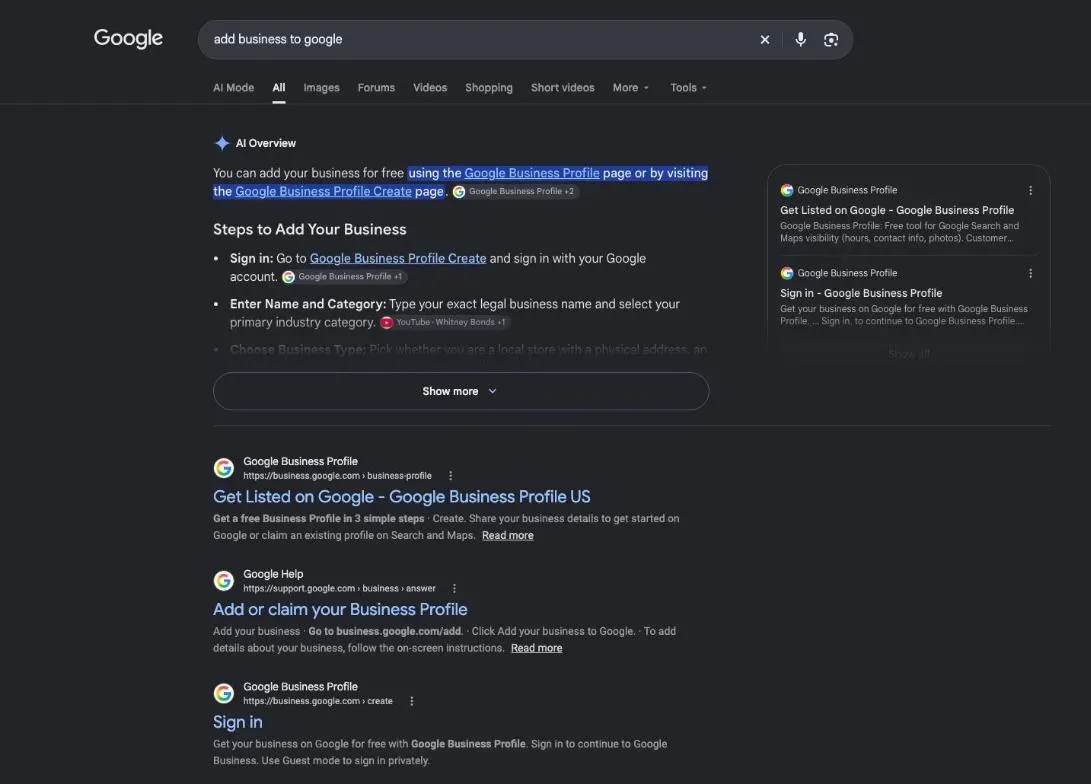 Google results for the search "add business to google"